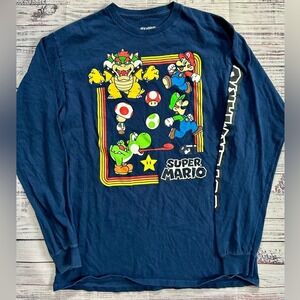 Super Mario Nintendo Long Sleeve Graphic Tee Navy Blue Mens Medium Bowser Luigi